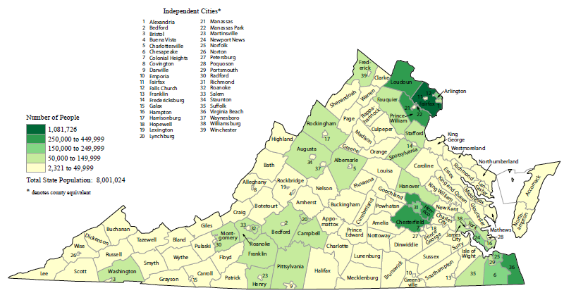 Total Population by County in 2010 shows Virginia's voters are concentrated in Northern Virginia, Richmond area, and Hampton Roads