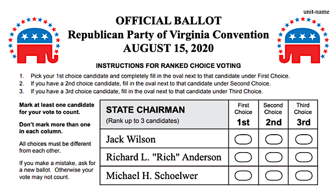 in 2020, the Republican Party of Virginia used the ranked choice voting process to elect a new chair