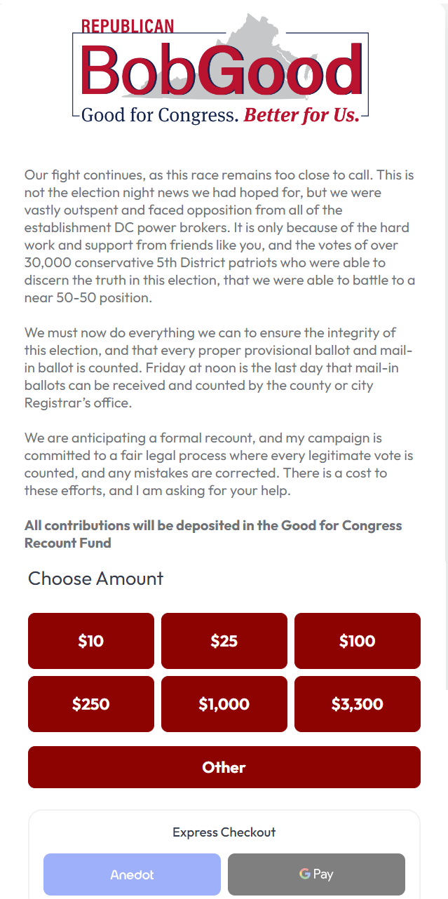 Rep. Bob Good had to provide nearly $100,000 to fund the recount that he requested in 2024