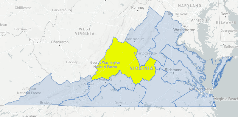 the 10th District (yellow) was eliminated in the initial 1932 redistricting map, later invalidated by the Virginia Supreme Court of Appeals