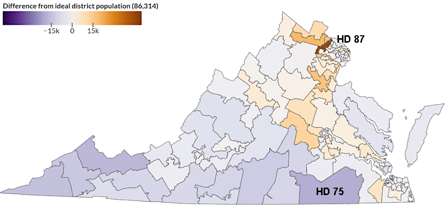 brown shows House of Delegates districts with too many voters in 2021; grey shows districts with too few voters