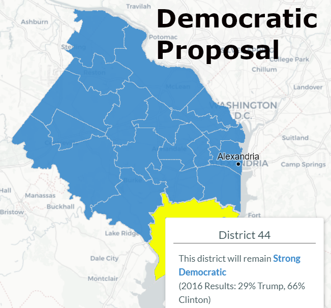 proposed redistricting by Democratic and Republican lawyers still left all Northern Virginia House of Delegates districts as strongly tilted towards Democratic candidates