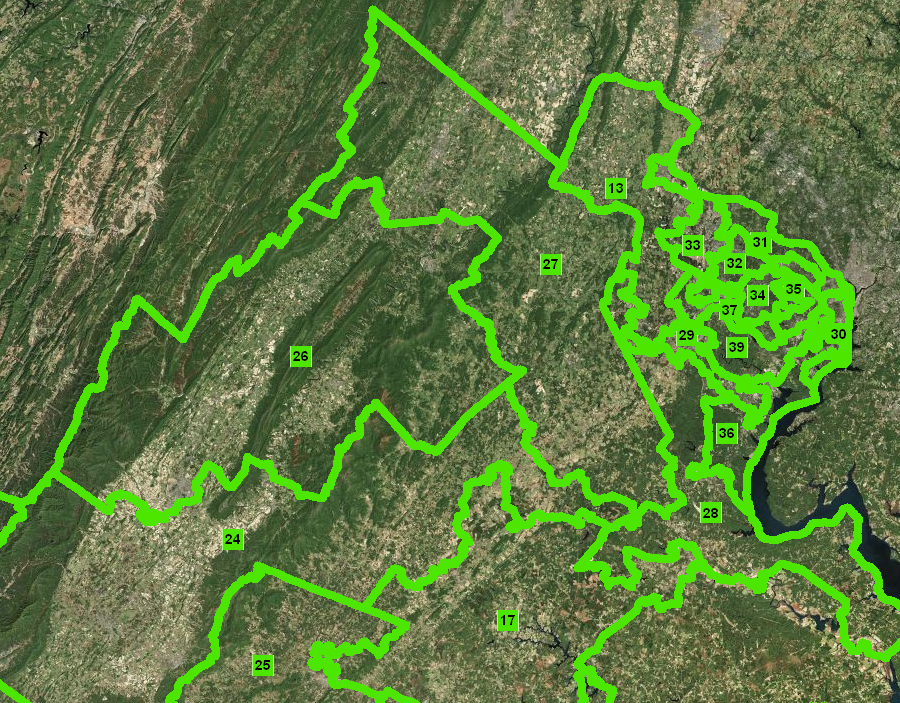 after the 2010 Census, boundaries of State Senate districts were redrawn - and clearly show how population is concentrated in Northern Virginia