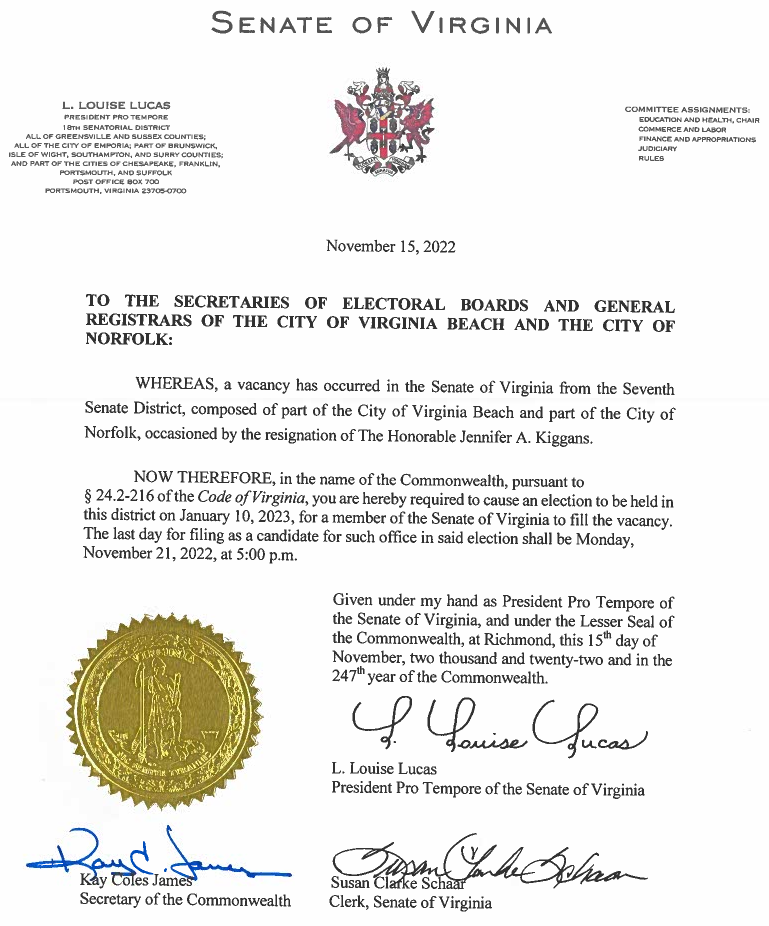 both the governor and the President pro tempore of the State Senate issued writs for a special election on January 10, 2023