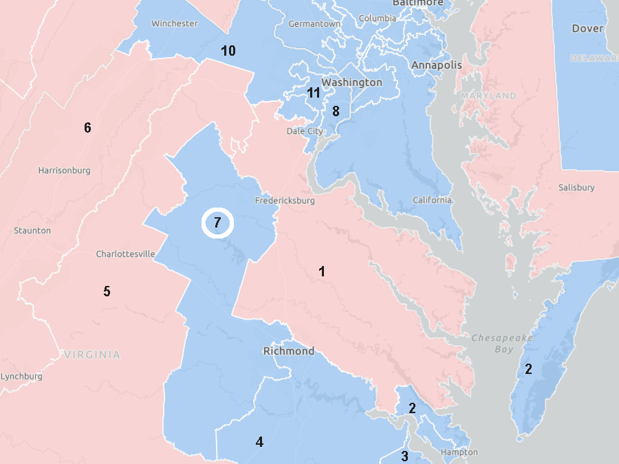 between 2011-2021, the Seventh Congressional District stretched from Culpeper to Nottoway counties west of Richmond
