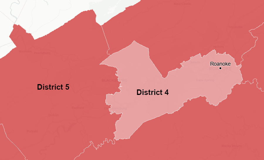 the 2021 redistricting created two Republican-leaning districts, with Blacksburg in District 5 and Roanoke in District 4
