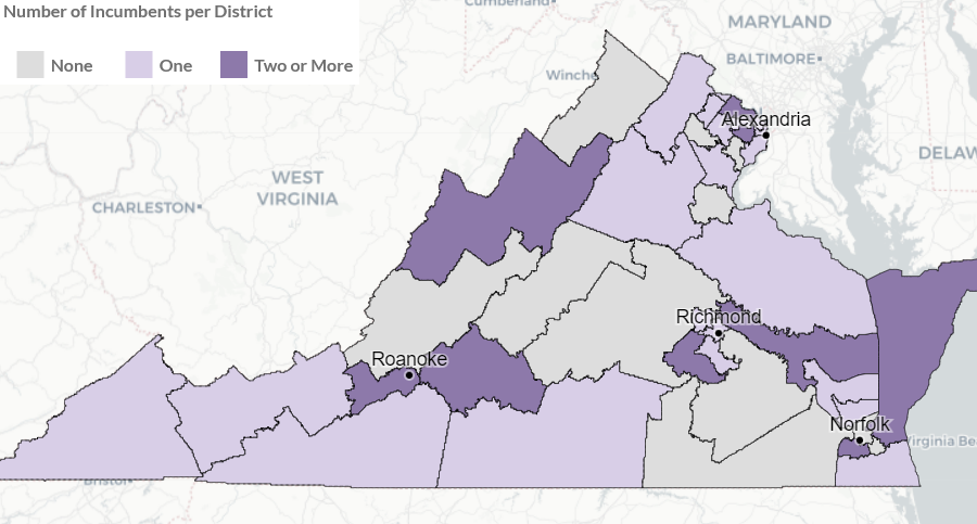 for the State Senate, incumbents were forced to run against each other and open seats were created in all regions except Southwest Virginia