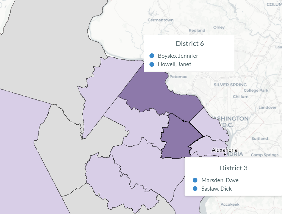 two proposed State Senate Districts in Northern Virginia (dark purple) included two incumbents, while other districts (grey) had no incumbent
