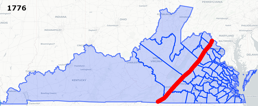 between 1776-1829, new counties created west of the Blue Ridge (red line) were few and large, minimizing their political influence in the General Assembly