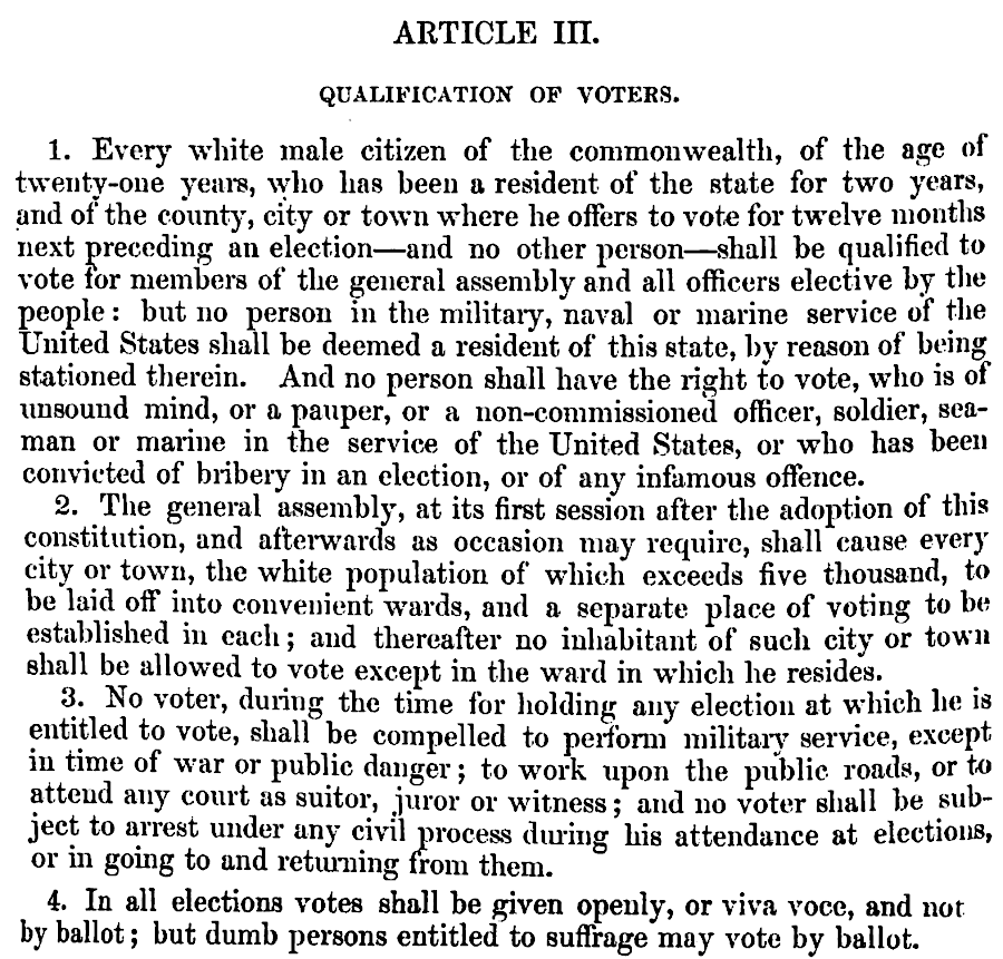 the 1851 Constitution eliminated the property ownership requirement and allowed more white men to vote