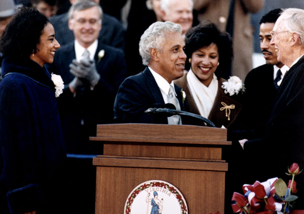 in 1990, Governor Wilder was sworn in as governor on the south steps of the State Capitol (Supreme Court Justice Lewis Powell on right administered the oath)