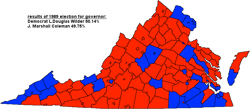 in 1989, Southwestern Virginia was still a Democratic stronghold when Douglas Wilder won in Virginia's closest gubernatorial election in the Twentieth Century