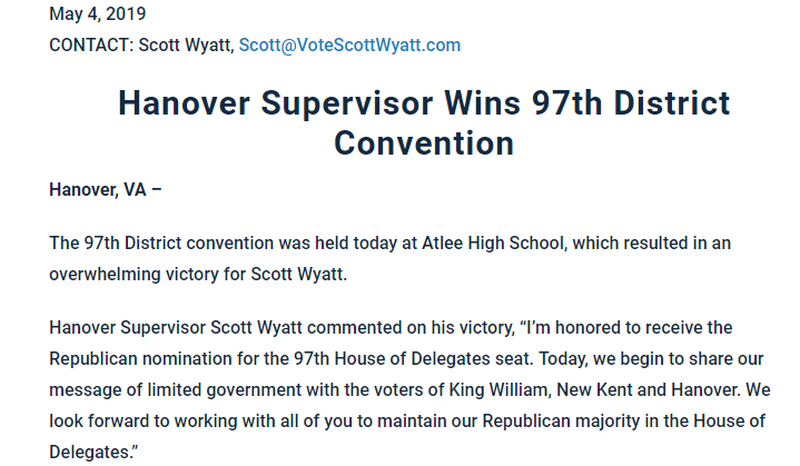 Scott Wyatt defeated a sitting member in the House of Delegates in a contested 2019 nomination process