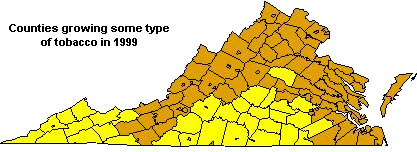 counties growing tobacco of any type in 1999