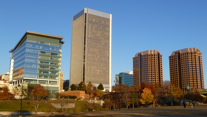 the skyline of downtown Richmond includes (from left to right) the headquarters of MeadWestvaco Corporation, the Federal Reserve Bank of Richmond, and office towers housing financial and legal firms