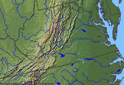 topography of Virginia with rivers