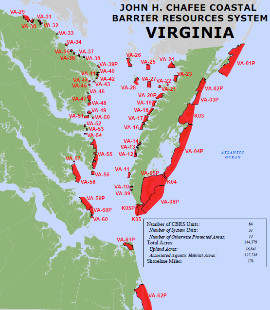 Coastal Barrier Resources System units in Virginia  are on both sides of the Chesapeake Bay, as well as along the Atlantic Ocean