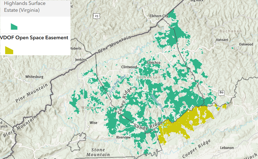 the Virginia Department of Forestry holds a conservation easement on 22,858 acres in Tazewell County