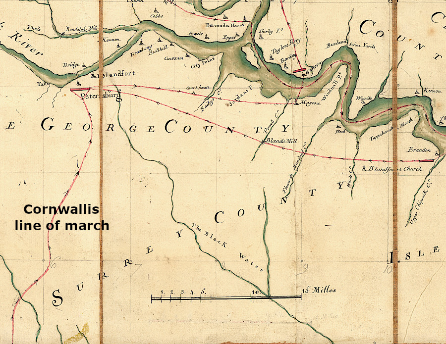 in 1781, Cornwallis marched from North Carolina to meet General William Phillips in Petersburg