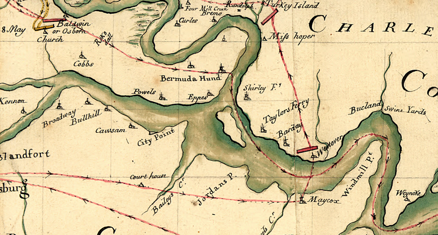 Cornwallis concentrated forces at Petersburg in April 1781, crossed the James River to Westover Plantation and captured Richmond, then embarked at Bermuda Hundred to sail back to the British base at Portsmouth