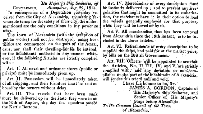 in 1814 the leaders of Alexandria promised to deliver merchandise to the officers in charge of British ships, and the officers agreed they would not destroy the city