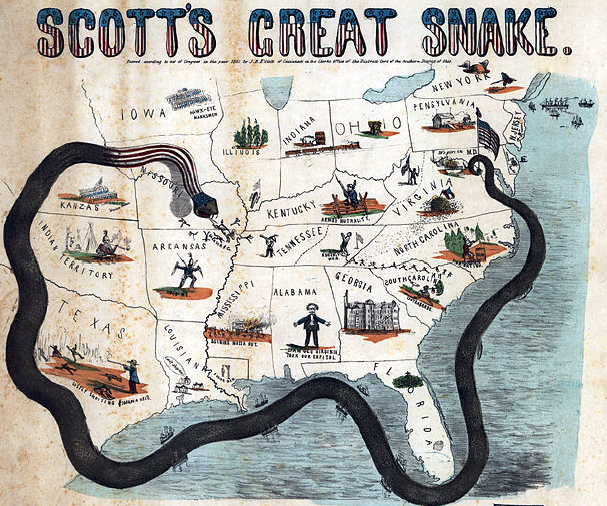 propaganda map illustrating the Anaconda Plan of General Winfield Scott, to isolate the Confederacy by blocking shipping to Caribbean/European ports rather than invading with a land army, ended up a key part of Union strategy in the Civil War