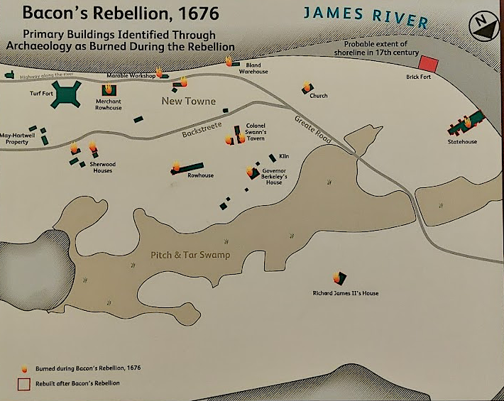 the National Park Service museum at Jamestown identifies the structures burned by Nathaniel Bacon and his rebels in 1676