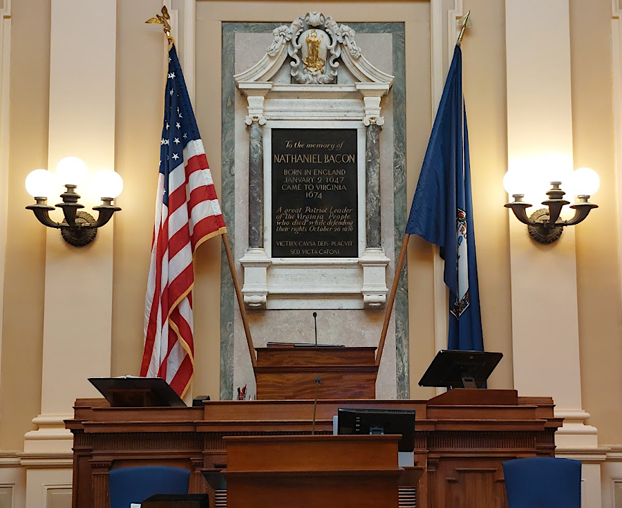 behind the chair of the Speaker of the House of Delegates in the State Capitol is a memorial to Nathaniel Bacon