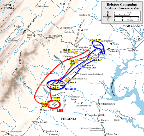 in the 1864 Bristoe Campaign, Confederate troops tried to sneak around the right flank of Union forces on the Rappahannock River, but this time the result was a Confederate defeat