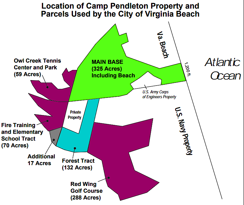 the City of Virginia Beach leased 417 acres from Camp Pendleton (three purple parcels) in 1998, and later purchased them