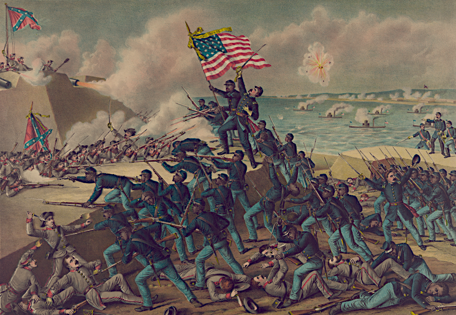 Seargent William Carney waving the flag of the 54th Massachusetts on the breastworks of Fort Wagner, as Colonel Robert Gould Shaw is killed