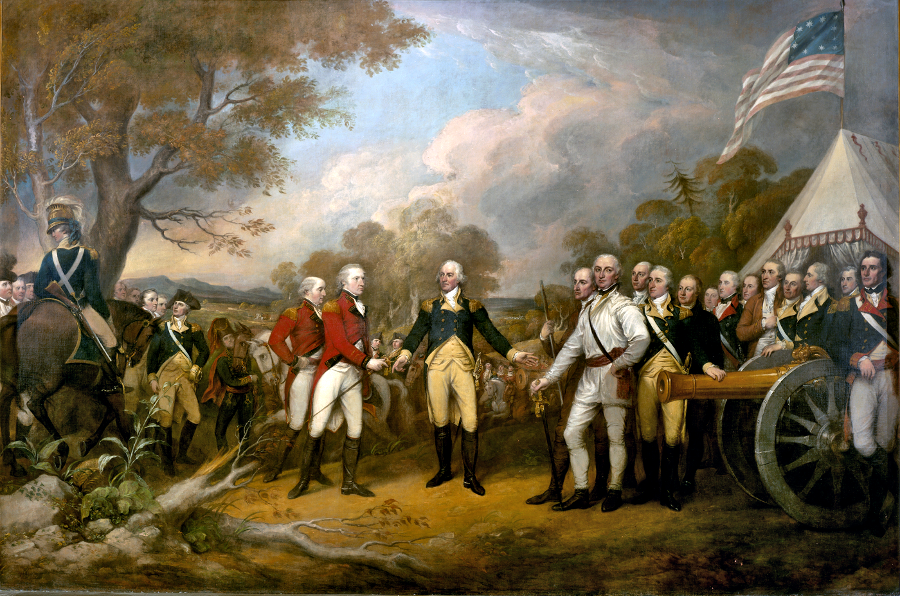Daniel Morgan (in white uniform near front of cannon) led Virginia riflemen that targeted British officers successfully and led to the surrender of British General John Burgoyne's army at Saratoga, New York on October 17, 1777