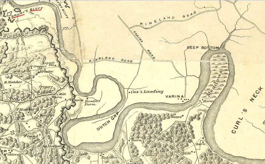 Confederates fortifications blocked Union forces from moving past Drewry's Bluff, upstream from the Appomattox River
