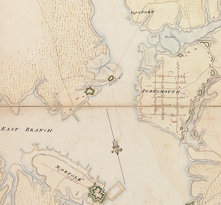 after abandoning Williamsburg, Governor Dunmore eastablished new quarters at the shipyard in Gosport  (north is towards bottom of map)