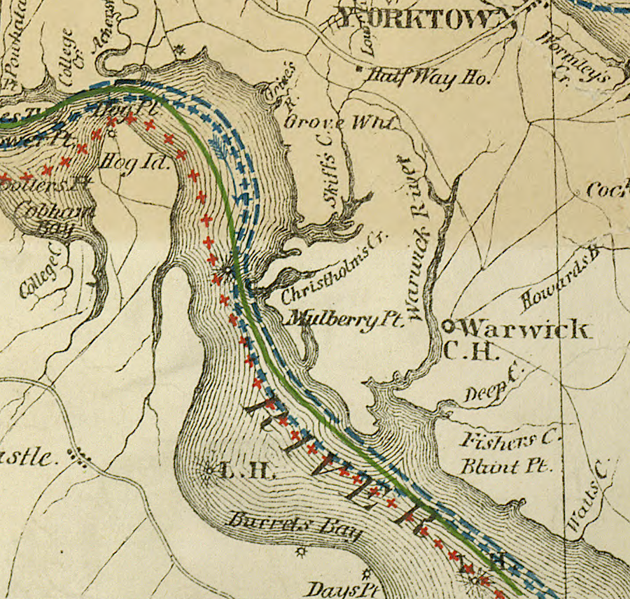 in 1862, General McClellan bypassed the Confederate fortifications on Mulberry Point where Fort Eustis was later established