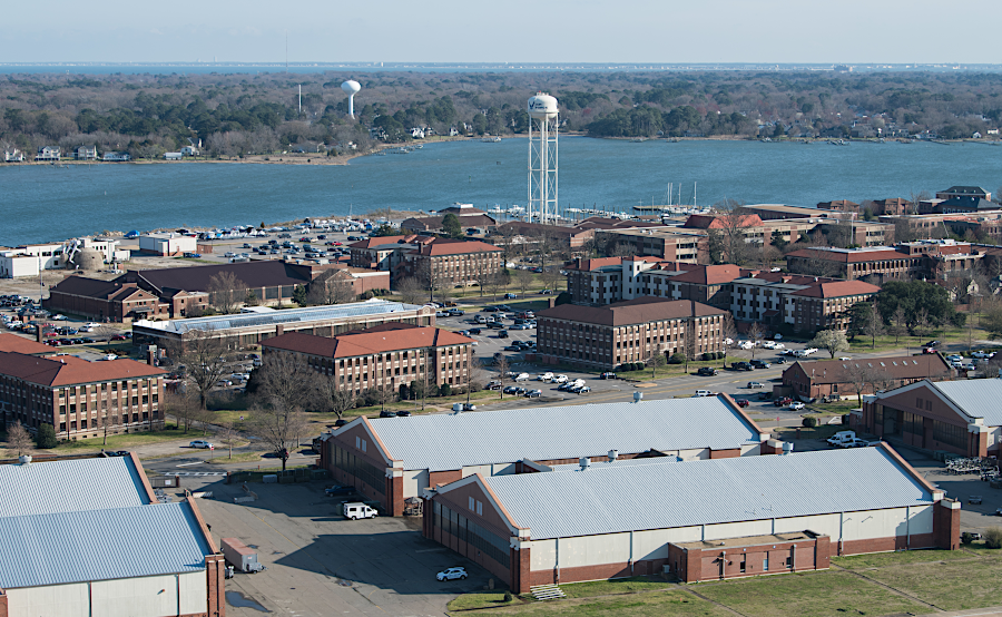 view of Fort Eustis component of Joint Base Langley-Eustis, from helicopter above Felker Army Airfield