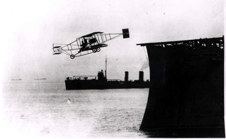 first take-off of an airplane from a ship occurred in 1910 with a launch from the USS Birmingham in Hampton Roads