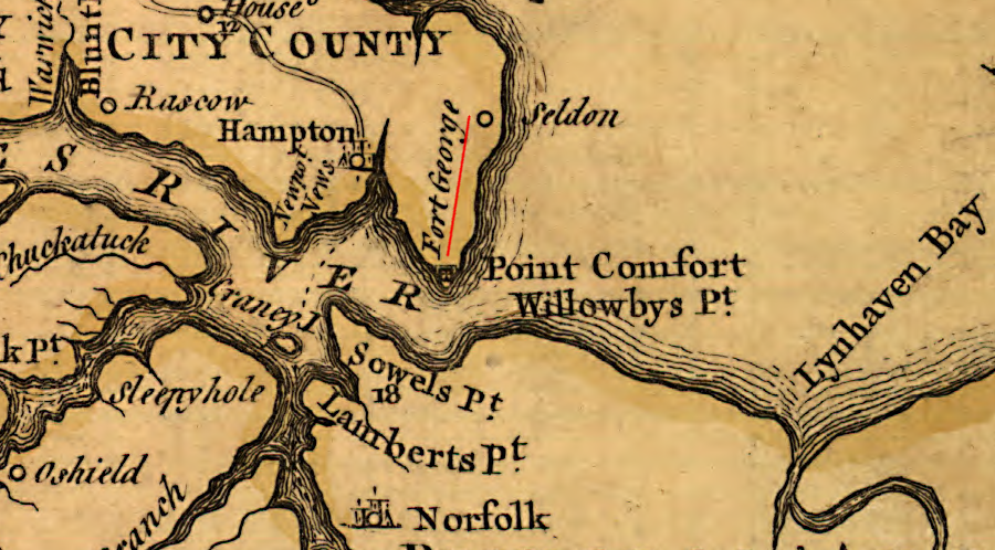 the 1755 Fry-Jefferson map of Virginia noted the location of Fort George at the tp of the Peninsula, even though the structure there had been eroded away during a 1749 hurricane