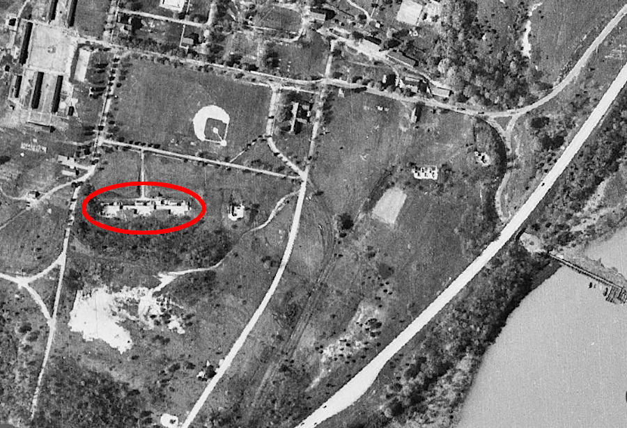 in 1937, a baseball field was located north of the Spanish-American War batteries (circled)