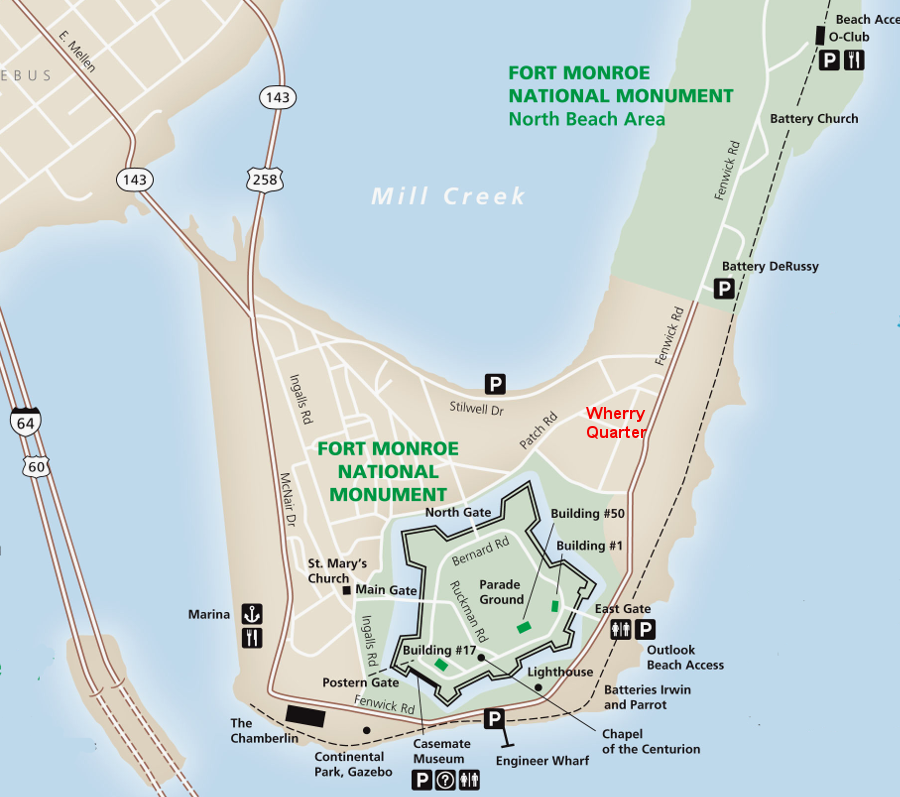 the National Park Service manages the portion of Fort Monroe designated as a national monument (two units separated by the Wherry Quarter), while the Fort Monroe Authority manages the remainder of the land transferred back to Virginia after the military base closed in 2011