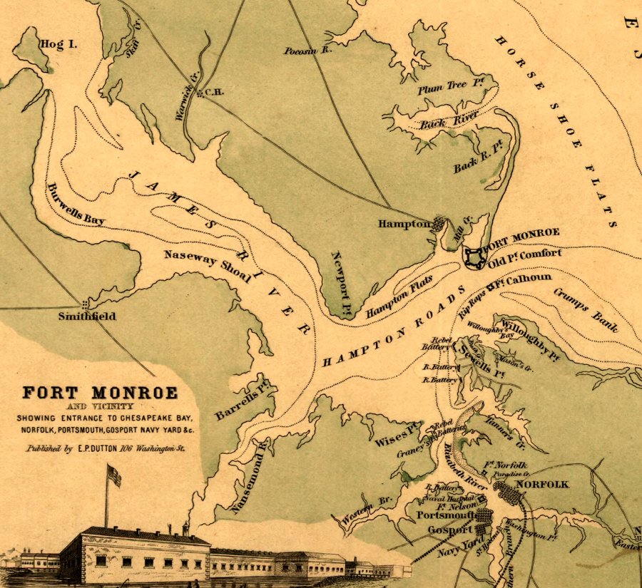 guns at Fort Monroe did not have the reach to control the shipping lanes, so Fort Calhoun (renamed Fort Wool) was constructed on the Rip Raps shoal