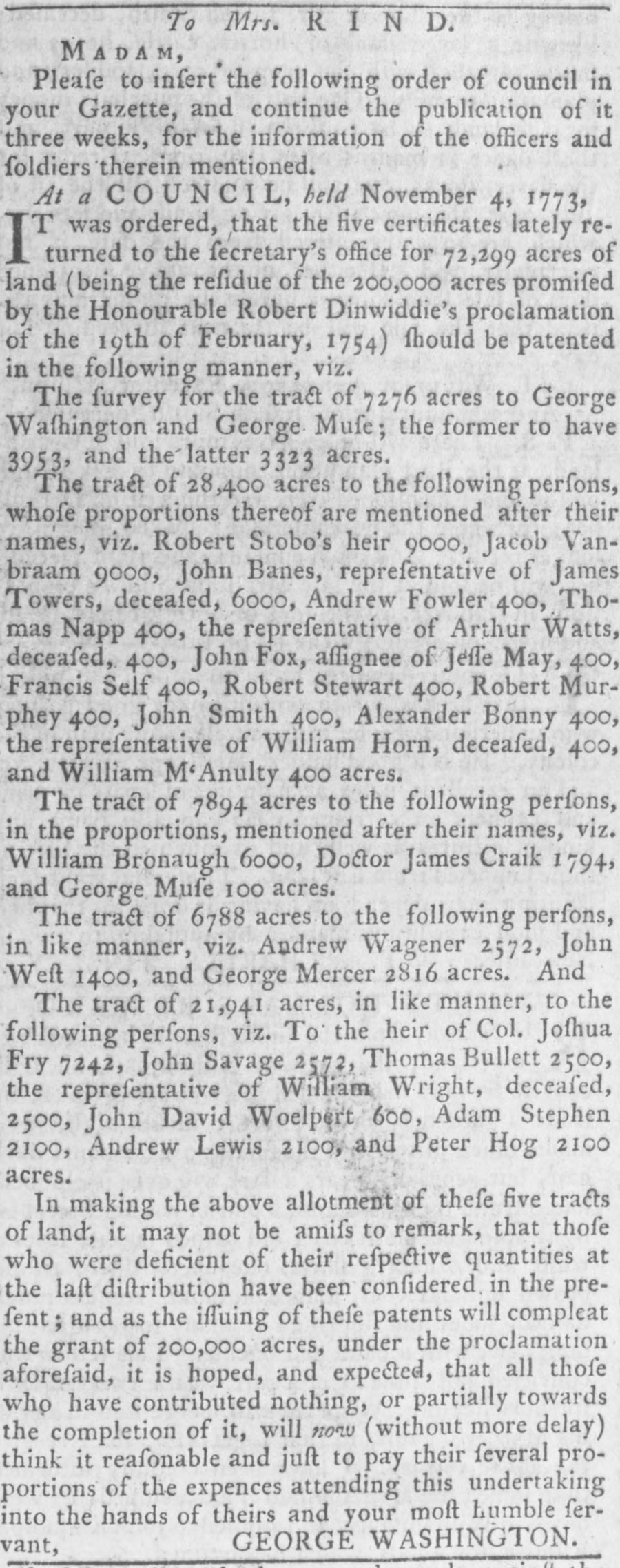 George Washington announced in 1773 the completion of the last surveys for lands granted for French and Indian War veterans
