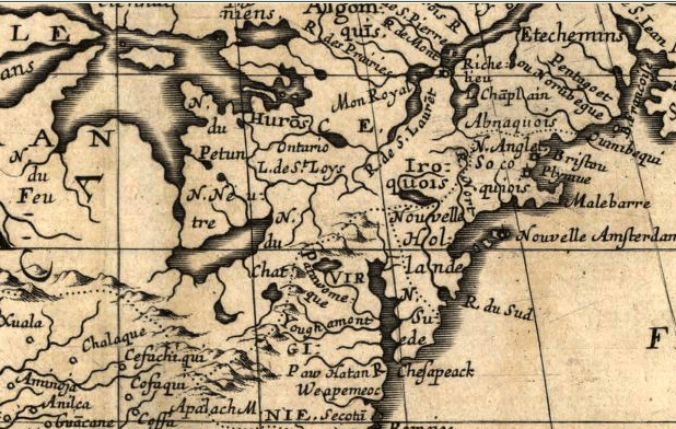 1650 map showing French understanding of distance between Lake Erie and Blue Ridge