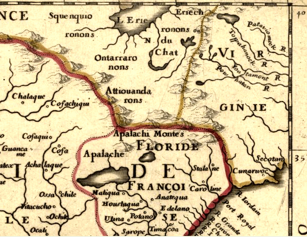 1657 map showing French claim to Ohio River Valley (and presumption of lakes at headwaters of Tidewater rivers in Virginia)