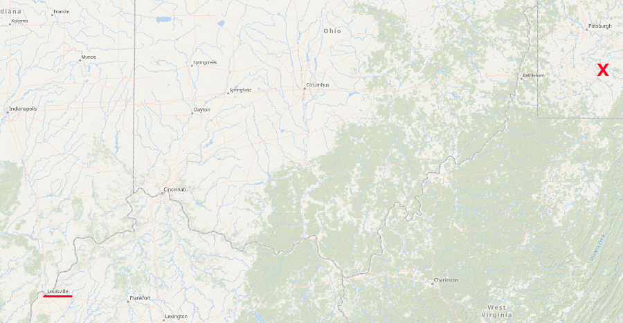 George Rogers Clark brought few recruits from Red Stone on the Monongahela River (red X) to the Falls of the Ohio (now Louisville) in 1778