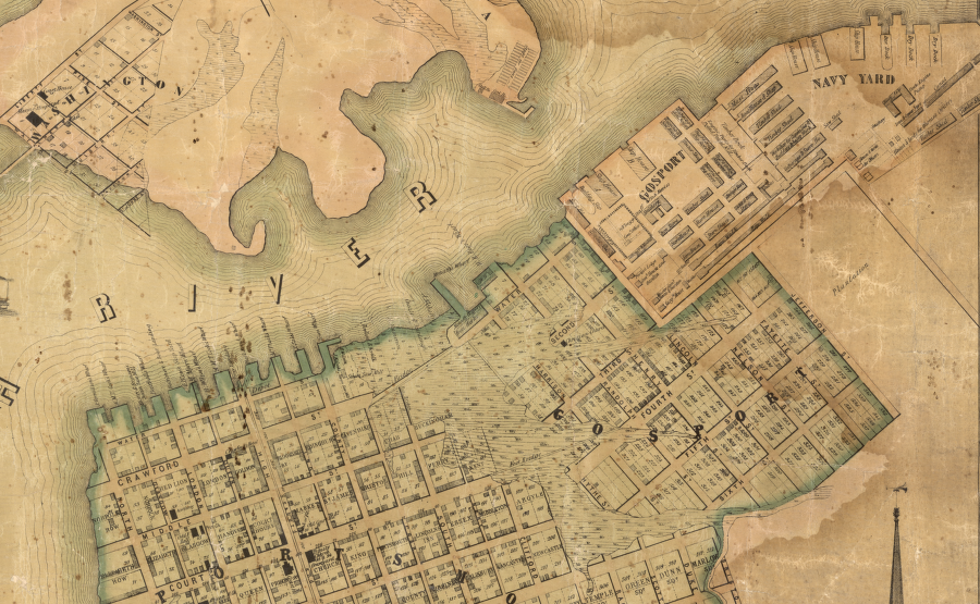 Gosport Navy Yard and Portsmouth in 1851 (<em>note map orientation</em> - south is towards top of map)