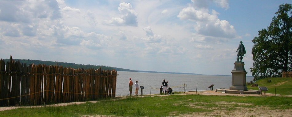 re-creation in 2006 of James Fort pallisade, facing the James River