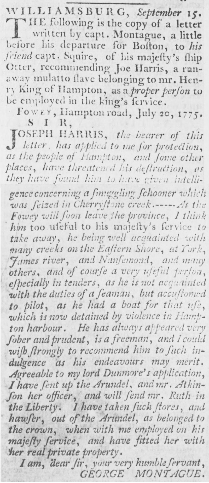 Joe Harris was an experienced river pilot who helped the British in late 1775 navigate the shoals and channels in Hampton Roads
