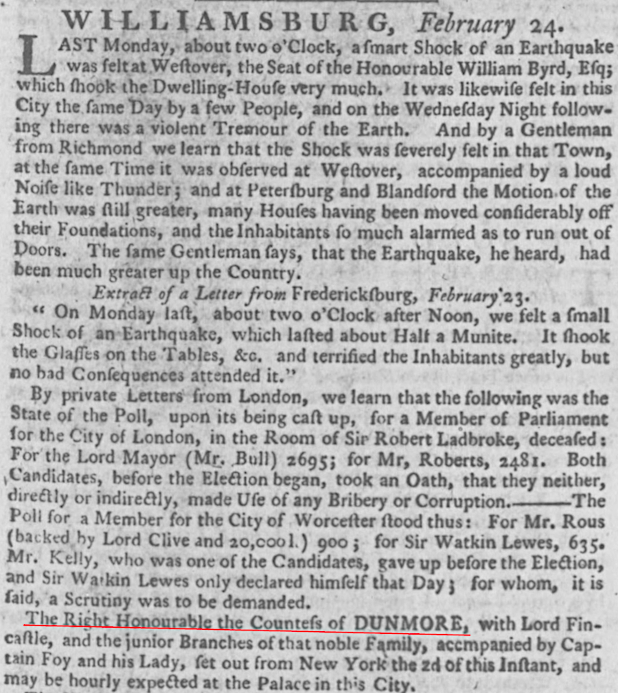 Lady Dunmore arrived in Williamsburg soon after the first recorded earthquake in the colony