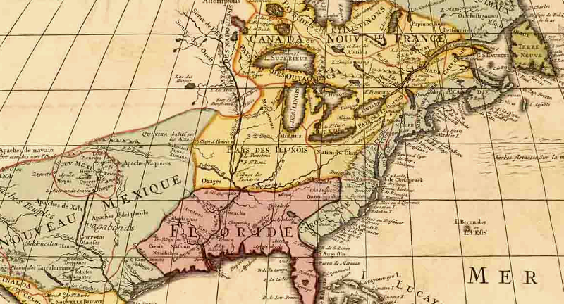 in colonial North America, French land claims (yellow) conflicted with English (light green) and Spanish (pink) claims